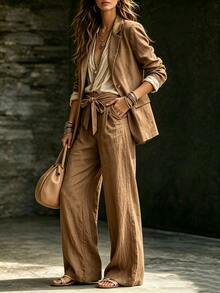 LUMIGAL Women's Autumn New Casual Commute Basic Blazer And Pants Set - Brown - View 3