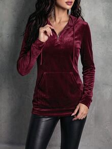 LUMIGAL Velvet Hooded Top With Halfzip Front, Drawstrings And Kangaroo Pocket. Sleek Fitted Cut In Rich Burgundy. - Multicolor - View 6