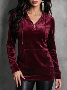 LUMIGAL Velvet Hooded Top With Halfzip Front, Drawstrings And Kangaroo Pocket. Sleek Fitted Cut In Rich Burgundy. - Multicolor - View 3