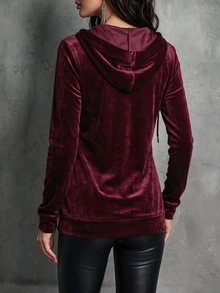 LUMIGAL Velvet Hooded Top With Halfzip Front, Drawstrings And Kangaroo Pocket. Sleek Fitted Cut In Rich Burgundy. - Multicolor - View 2