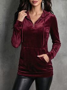 LUMIGAL Velvet Hooded Top With Halfzip Front, Drawstrings And Kangaroo Pocket. Sleek Fitted Cut In Rich Burgundy. - Multicolor - View 5