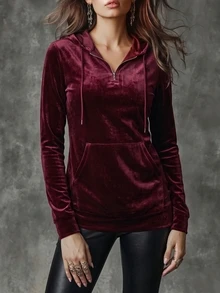LUMIGAL Velvet Hooded Top With Halfzip Front, Drawstrings And Kangaroo Pocket. Sleek Fitted Cut In Rich Burgundy. - Multicolor - View 1
