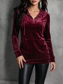 LUMIGAL Velvet Hooded Top With Halfzip Front, Drawstrings And Kangaroo Pocket. Sleek Fitted Cut In Rich Burgundy. - Multicolor - View 4