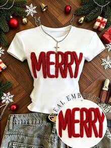 IslaSuriya MERRY Embroidered Drop Shoulder Short‑Sleeve T‑Shirt, Happy Cheerful Chenille Yarn Casual Tee, Christmas Personalized Short Sleeve Top, Christian Cust - White - View 1