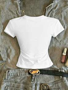 IslaSuriya MERRY Embroidered Drop Shoulder Short‑Sleeve T‑Shirt, Happy Cheerful Chenille Yarn Casual Tee, Christmas Personalized Short Sleeve Top, Christian Cust - White - View 2