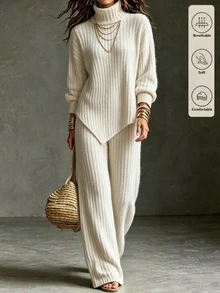 SHEIN Cream Turtleneck Knit 2Pcs Casual Commute Outfit - Apricot - View 3