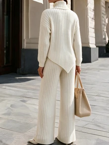 SHEIN Cream Turtleneck Knit 2Pcs Casual Commute Outfit - Apricot - View 2