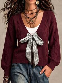 SHEIN Women's V-Neck Twisted Rope Shoulder Paisley Ribbon Tie Long Sleeve Cardigan Sweater - Burgundy - View 6