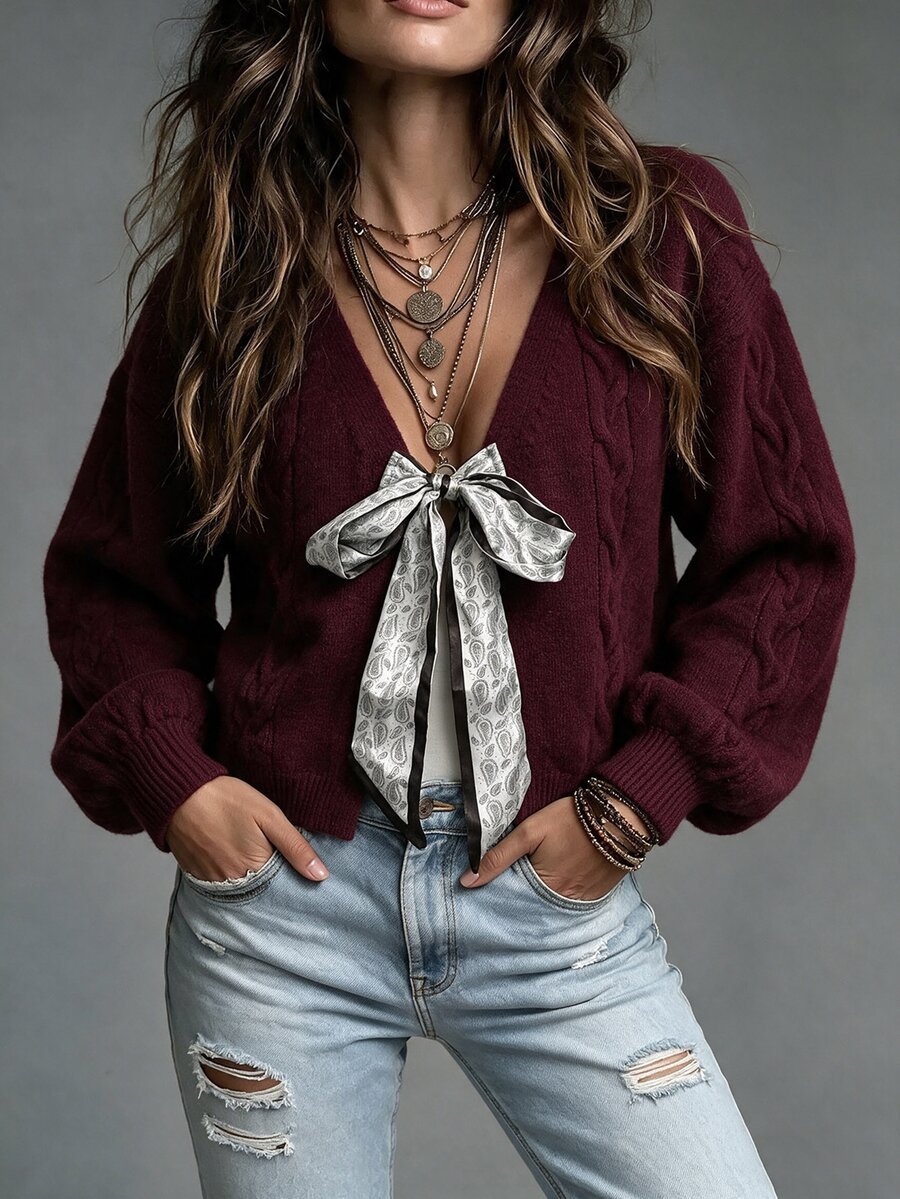 SHEIN Women's V-Neck Twisted Rope Shoulder Paisley Ribbon Tie Long Sleeve Cardigan Sweater - Burgundy - View 1