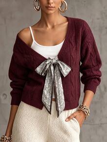 SHEIN Women's V-Neck Twisted Rope Shoulder Paisley Ribbon Tie Long Sleeve Cardigan Sweater - Burgundy - View 5