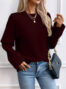 SHEIN 5 Wool%,Women's Autumn Winter Burgundy Round Neck Knit Sweater,Elegant Minimalist Loose Long Sleeve Pullover With Turn-Up Cuffs For Daily Wear,Commute - Burgundy - View 7