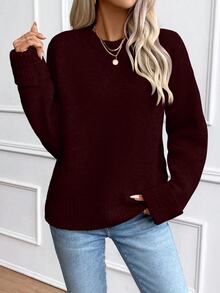 SHEIN 5 Wool%,Women's Autumn Winter Burgundy Round Neck Knit Sweater,Elegant Minimalist Loose Long Sleeve Pullover With Turn-Up Cuffs For Daily Wear,Commute - Burgundy - View 5