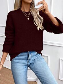 SHEIN 5 Wool%,Women's Autumn Winter Burgundy Round Neck Knit Sweater,Elegant Minimalist Loose Long Sleeve Pullover With Turn-Up Cuffs For Daily Wear,Commute - Burgundy - View 4