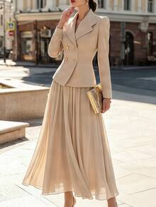 RosyDaze Women's Gentle Apricot Double-Breasted Design Waist-Cinching Short Jacket And Drapey Skirt Casual Elegant Versatile Outfit Set - Beige - View 7