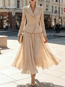 RosyDaze Women's Gentle Apricot Double-Breasted Design Waist-Cinching Short Jacket And Drapey Skirt Casual Elegant Versatile Outfit Set - Beige - View 2