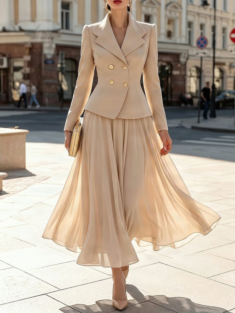 RosyDaze Women's Gentle Apricot Double-Breasted Design Waist-Cinching Short Jacket And Drapey Skirt Casual Elegant Versatile Outfit Set