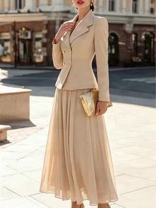RosyDaze Women's Gentle Apricot Double-Breasted Design Waist-Cinching Short Jacket And Drapey Skirt Casual Elegant Versatile Outfit Set - Beige - View 6