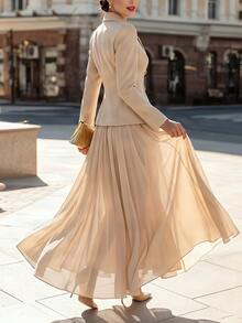 RosyDaze Women's Gentle Apricot Double-Breasted Design Waist-Cinching Short Jacket And Drapey Skirt Casual Elegant Versatile Outfit Set - Beige - View 3