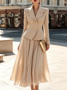 RosyDaze Women's Gentle Apricot Double-Breasted Design Waist-Cinching Short Jacket And Drapey Skirt Casual Elegant Versatile Outfit Set - Beige - View 4