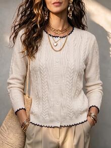 Franclia 女款圓領長袖針織開襟衫,休閒法式優雅白色秋季日常百搭對比色蕾絲扭繩3D圖案毛衣 - 白色 - 查看 2