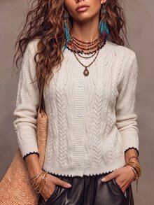 Franclia 女款圓領長袖針織開襟衫,休閒法式優雅白色秋季日常百搭對比色蕾絲扭繩3D圖案毛衣 - 白色 - 查看 8