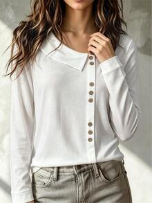 Trelyra Women's Loose Plain Off-White T-Shirt With Asymmetrical Collar, V-Neck Long Sleeve Casual, Fall Brunch Office - White - View 5
