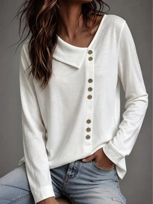 Trelyra Women's Loose Plain Off-White T-Shirt With Asymmetrical Collar, V-Neck Long Sleeve Casual, Fall Brunch Office - White - View 7