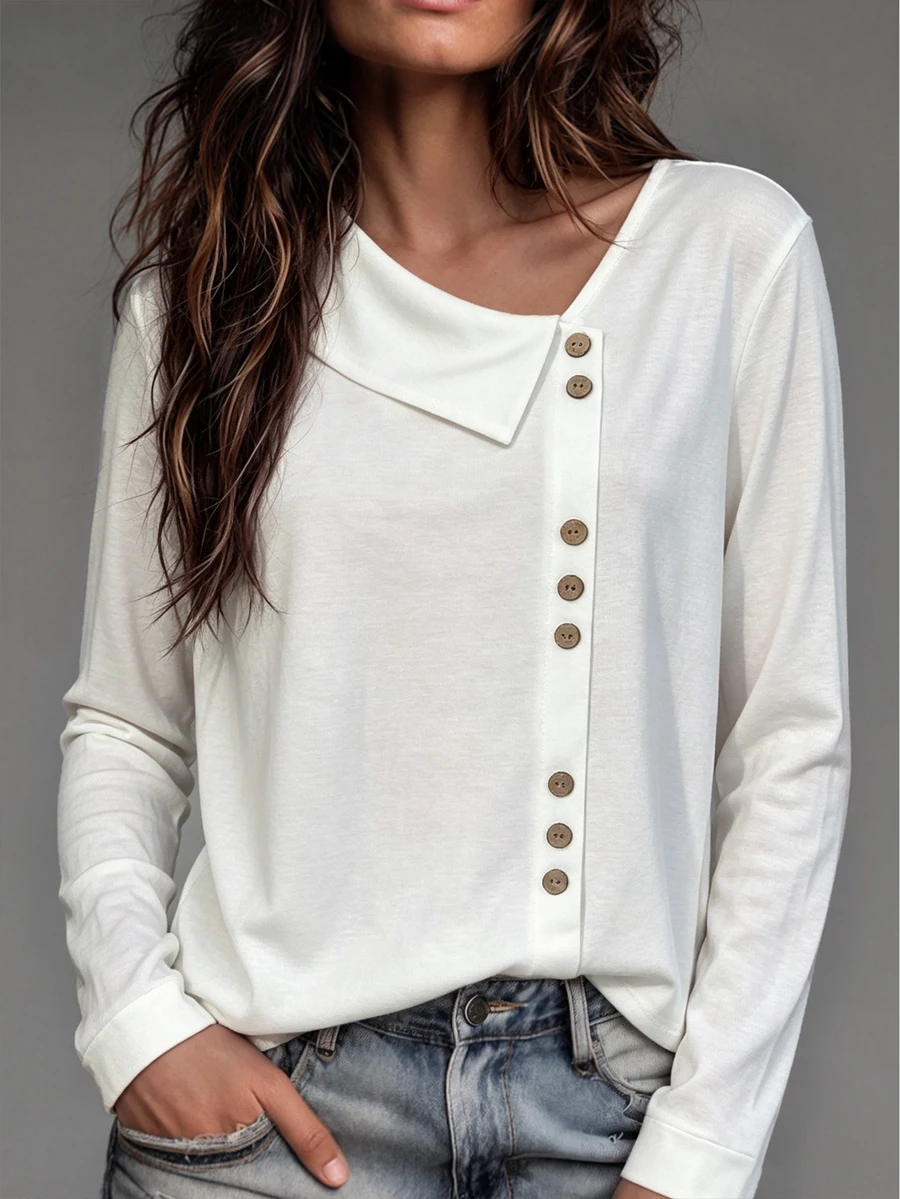 Trelyra Women's Loose Plain Off-White T-Shirt With Asymmetrical Collar, V-Neck Long Sleeve Casual, Fall Brunch Office