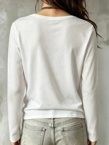 Trelyra Women's Loose Plain Off-White T-Shirt With Asymmetrical Collar, V-Neck Long Sleeve Casual, Fall Brunch Office - White - View 3