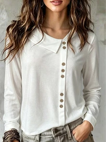 Trelyra Women's Loose Plain Off-White T-Shirt With Asymmetrical Collar, V-Neck Long Sleeve Casual, Fall Brunch Office - White - View 8