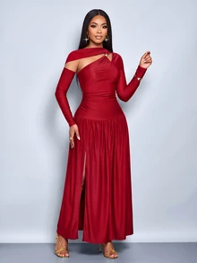SOLERSUN Women's Dark Red One Shoulder Maxi Dress Cutout Neck Long Sleeve Ruched Waist Side Split Evening Party Night Dinner Autumn Sexy Elegant Wedding - Red - View 5