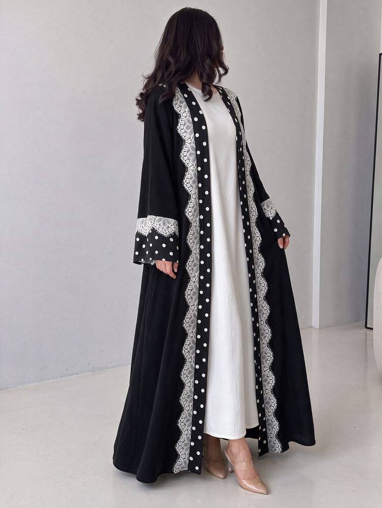 Yasmyna Cardigan Wanita Sederhana Motif Polkadot dengan Hiasan Renda Gaya Arab - Hitam - View 1