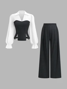 Sweetra Women Chic Business Black‑White Pinstriped Two Piece Set Puff Sleeve Lapel Shirt Corset Vest High Waist Wide Leg Pants For Spring Autumn Work Party - Black and White - View 1