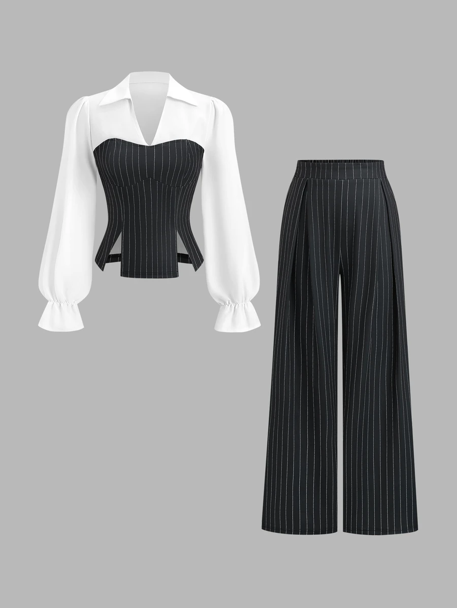 Sweetra Women Chic Business Black‑White Pinstriped Two Piece Set Puff Sleeve Lapel Shirt Corset Vest High Waist Wide Leg Pants For Spring Autumn Work Party - Black and White - View 1