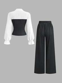 Sweetra Women Chic Business Black‑White Pinstriped Two Piece Set Puff Sleeve Lapel Shirt Corset Vest High Waist Wide Leg Pants For Spring Autumn Work Party - Black and White - View 2
