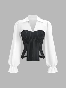 Sweetra Women Chic Business Black‑White Pinstriped Two Piece Set Puff Sleeve Lapel Shirt Corset Vest High Waist Wide Leg Pants For Spring Autumn Work Party - Black and White - View 4