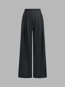 Sweetra Women Chic Business Black‑White Pinstriped Two Piece Set Puff Sleeve Lapel Shirt Corset Vest High Waist Wide Leg Pants For Spring Autumn Work Party - Black and White - View 6