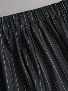 Sweetra Women Chic Business Black‑White Pinstriped Two Piece Set Puff Sleeve Lapel Shirt Corset Vest High Waist Wide Leg Pants For Spring Autumn Work Party - Black and White - View 5