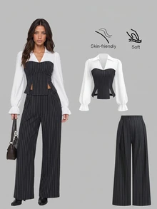 Sweetra Women Chic Business Black‑White Pinstriped Two Piece Set Puff Sleeve Lapel Shirt Corset Vest High Waist Wide Leg Pants For Spring Autumn Work Party - Black and White - View 3