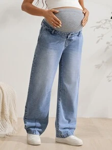 SHEIN Maternity Adjustable Waist Wide Leg Casual Denim Jeans - Medium Wash - View 3