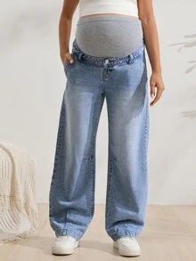 SHEIN Maternity Adjustable Waist Wide Leg Casual Denim Jeans - Medium Wash - View 6
