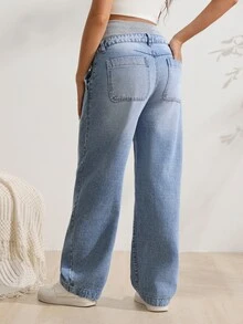 SHEIN Maternity Adjustable Waist Wide Leg Casual Denim Jeans - Medium Wash - View 2