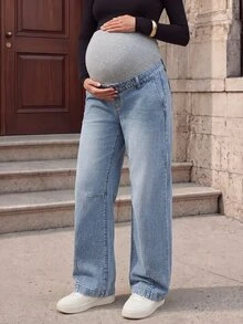 SHEIN Maternity Adjustable Waist Wide Leg Casual Denim Jeans - Medium Wash - View 8