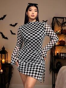SHEIN EZwear Plus Size Women's Checkered Stand Collar Long Sleeve Fitted Fashion Dress Fall - Black and White - View 7