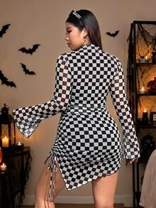 SHEIN EZwear Plus Size Women's Checkered Stand Collar Long Sleeve Fitted Fashion Dress Fall - Black and White - View 2