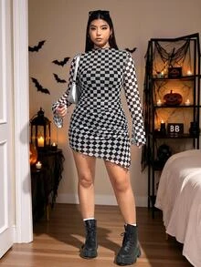 SHEIN EZwear Plus Size Women's Checkered Stand Collar Long Sleeve Fitted Fashion Dress Fall - Black and White - View 3