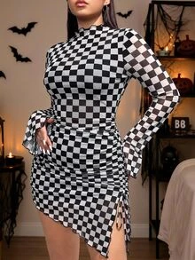 SHEIN EZwear Plus Size Women's Checkered Stand Collar Long Sleeve Fitted Fashion Dress Fall - Black and White - View 5