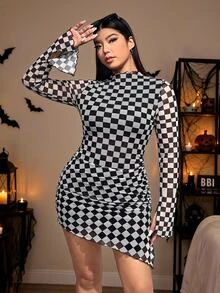 SHEIN EZwear Plus Size Women's Checkered Stand Collar Long Sleeve Fitted Fashion Dress Fall - Black and White - View 4