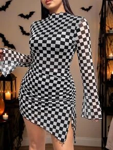 SHEIN EZwear Plus Size Women's Checkered Stand Collar Long Sleeve Fitted Fashion Dress Fall - Black and White - View 1