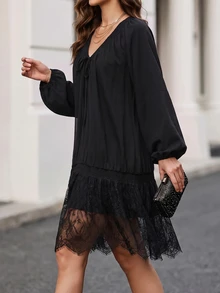 Editum Women's French Sexy Lace Patchwork Tie-Up Dress - Black - View 6